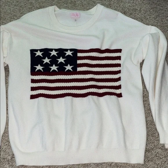 Pink Lily Cream Knit Sweater with American Flag Motif - Picture 2 of 6